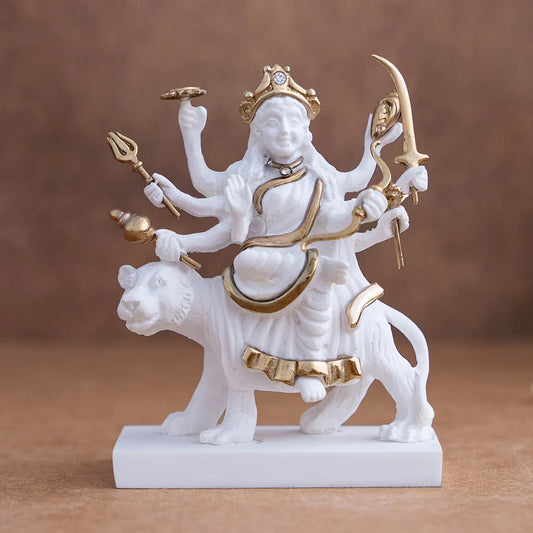 Exquisite White & Gold Sherawali Mata Murti (3.5 inch)
