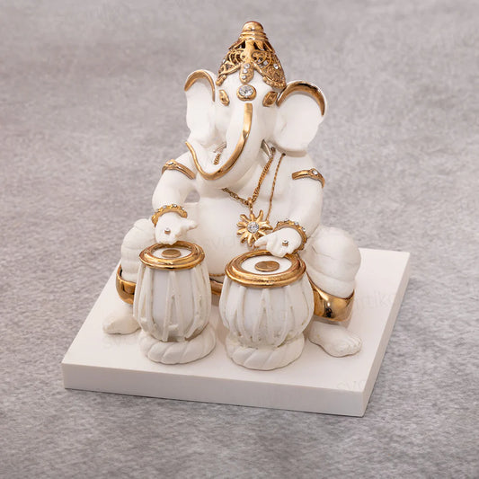 Elegant White & Gold Ganesha Playing Tabla Idol (4 Inch)